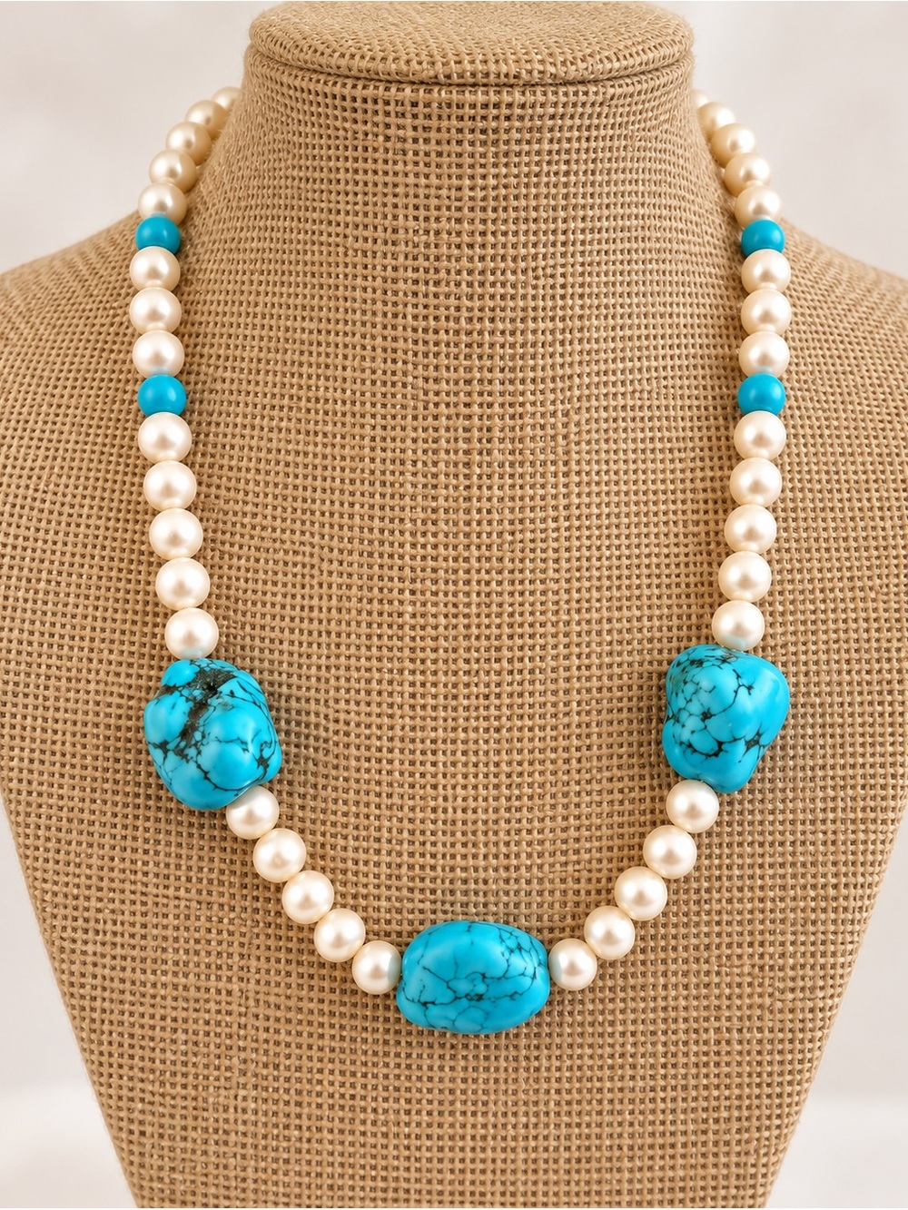 Turquoise Necklace W 7mm Cultutred Pearls Sterling Silver Clasp